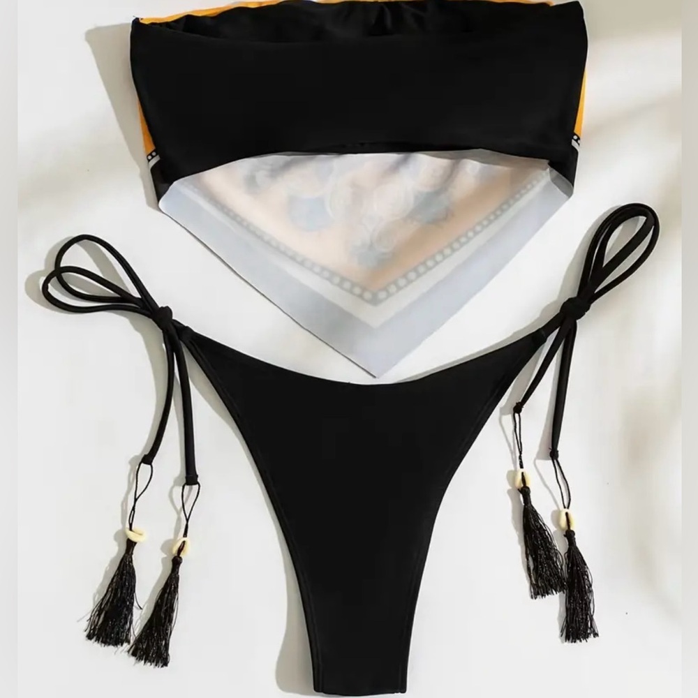 Paisley Print Bandeau Tassel Detail Side Tie Bikini Set - Picture 3 of 7